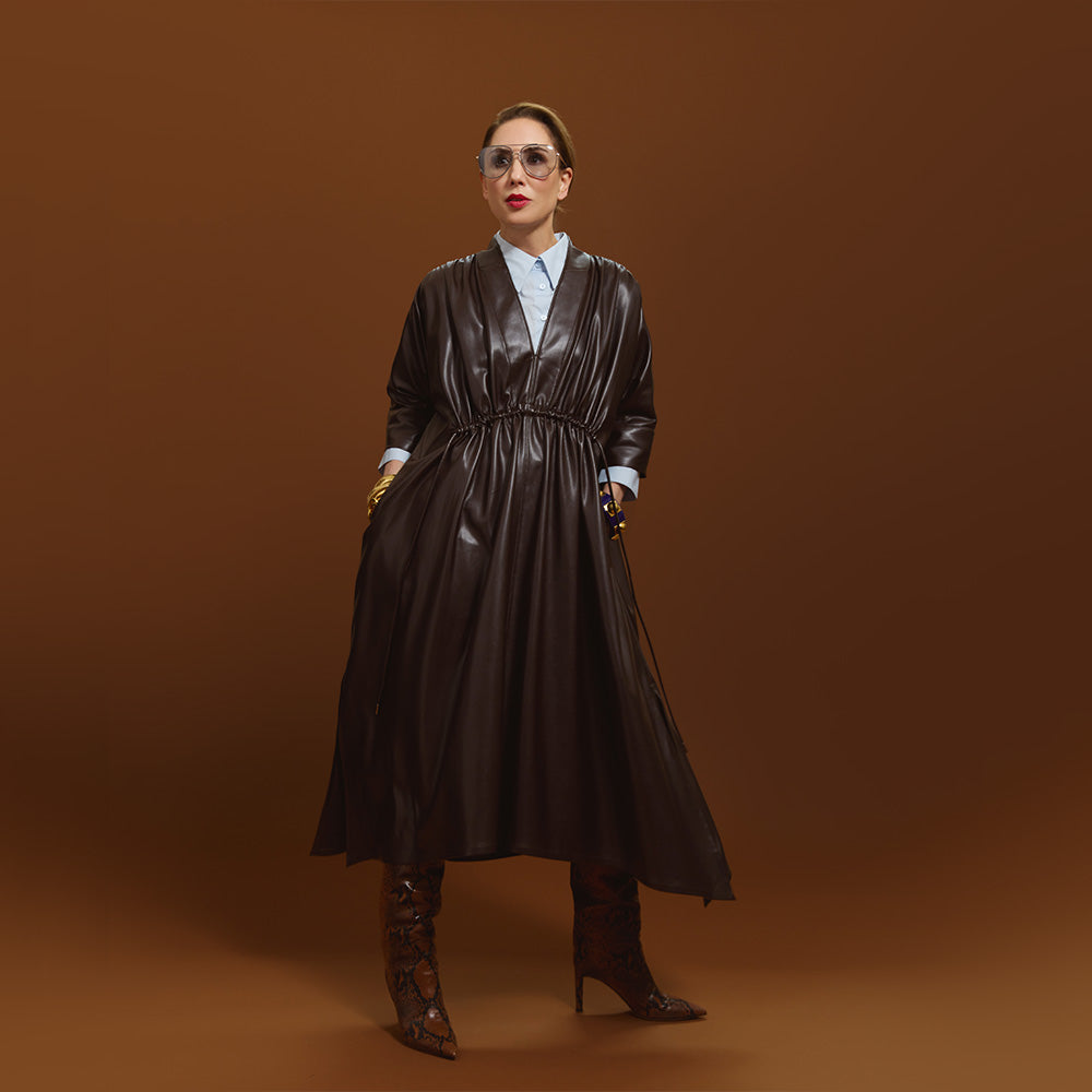 Carla modeling the Everywhere Everyday Shirt Dress in Chocolate.