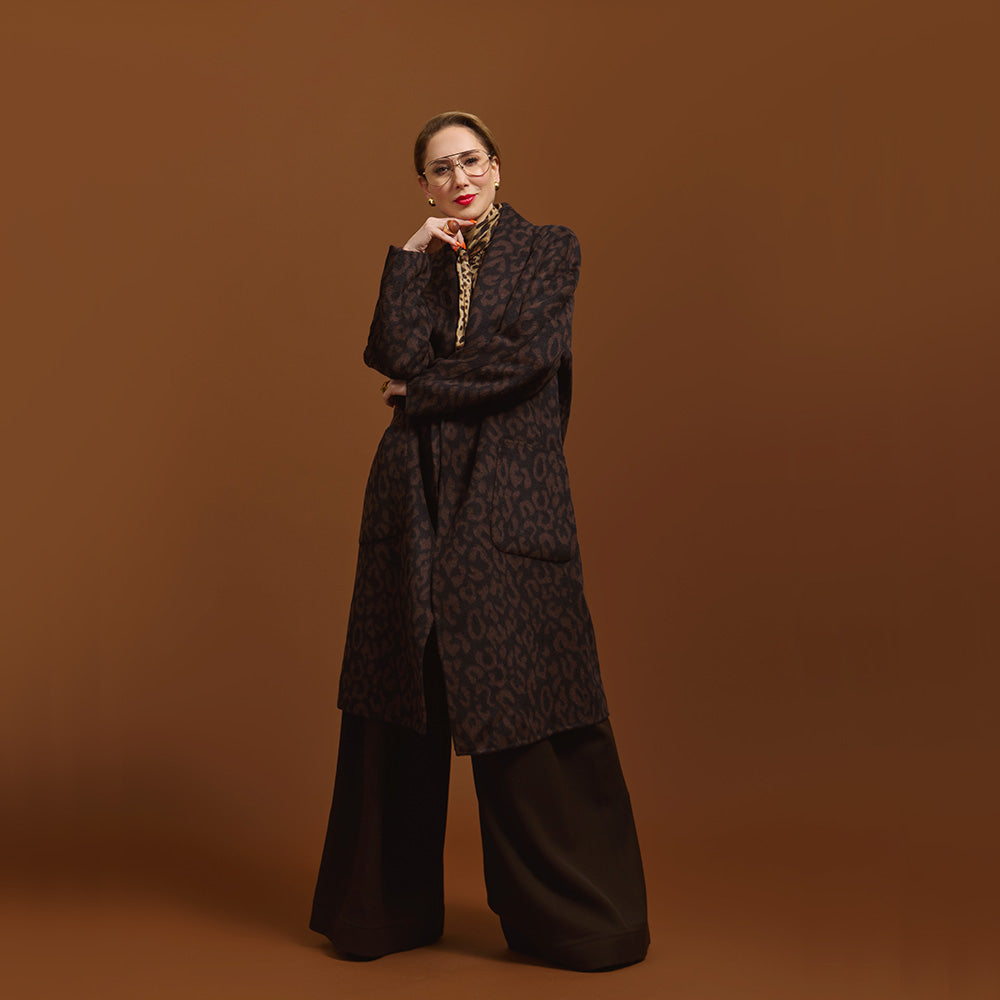 Carla modeling the Indispensable Car Coat Wool Blend in Leopard Jacquard.