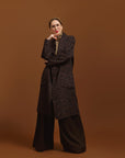 Carla modeling the Indispensable Car Coat Wool Blend in Leopard Jacquard.