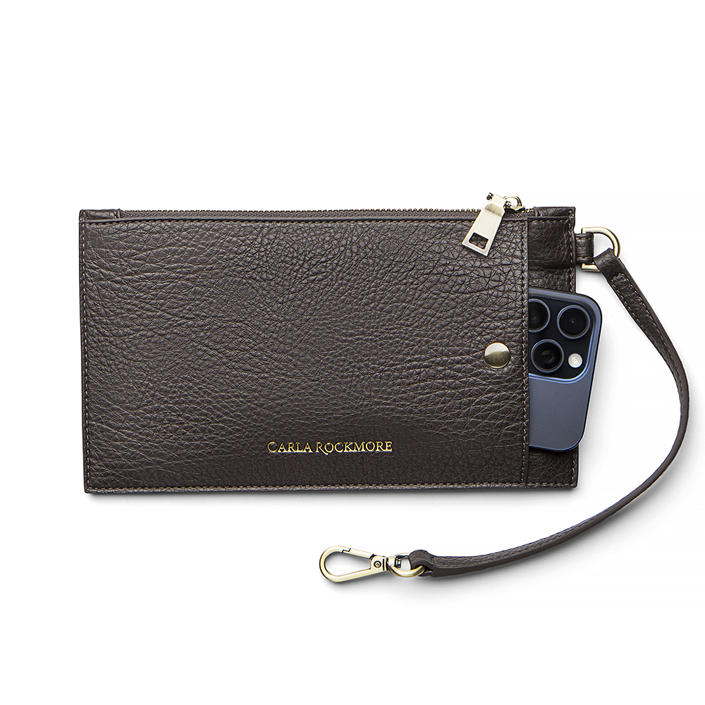 The Chocolate wristlet strap and phone pocket on a white background.