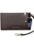 The Chocolate wristlet strap and phone pocket on a white background.