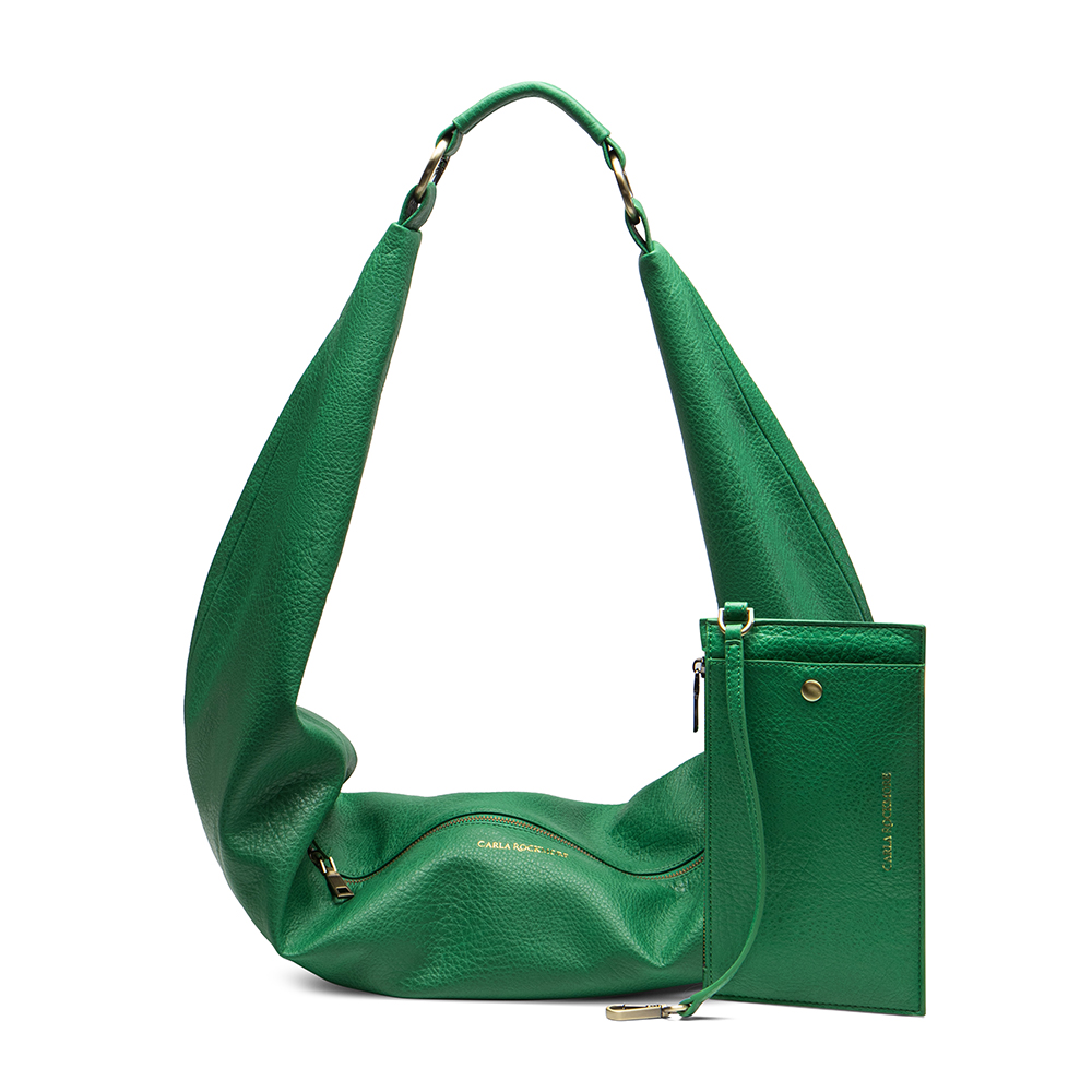 Emerald Green vegan leather Sling Bag with matching wristlet on a white background.