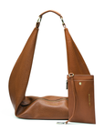 Saddle vegan leather sling bag with a detachable wristlet, displayed against a white background.
