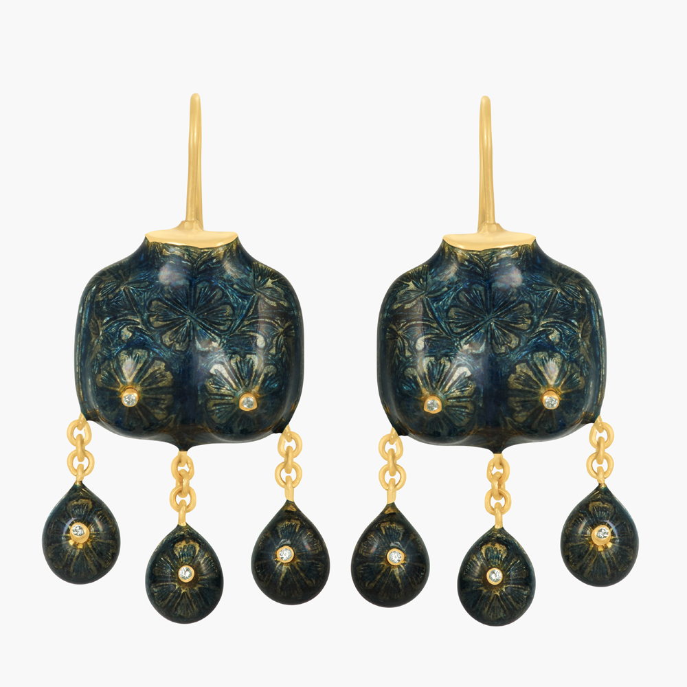 Victorian Goddess Earrings Gold Scrolled Denim