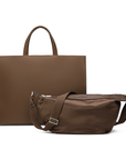 Walnut tote bag with a matching removable mini sling bag in nylon.