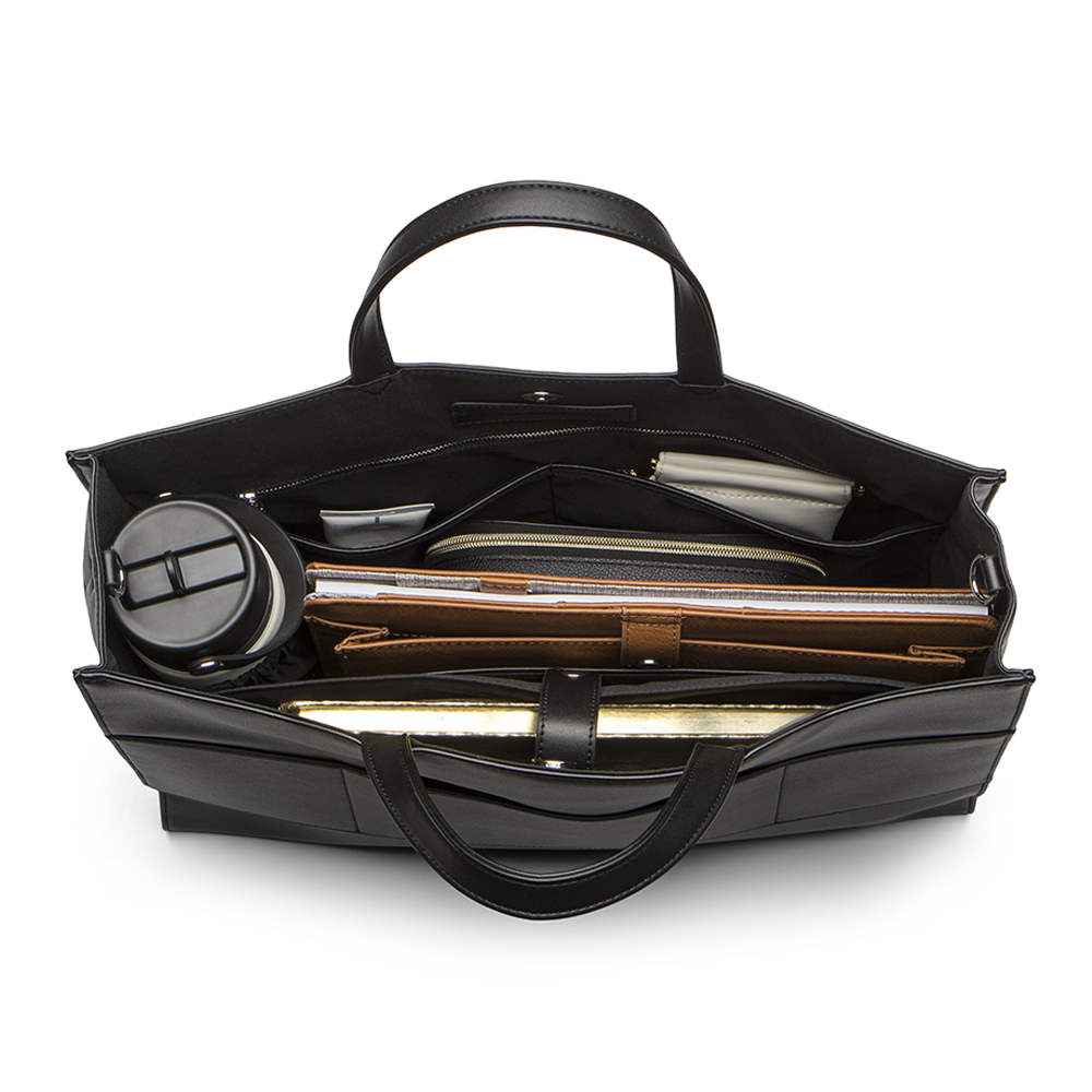 2-in-1 Tote Bag in Black with open compartments on a white background.