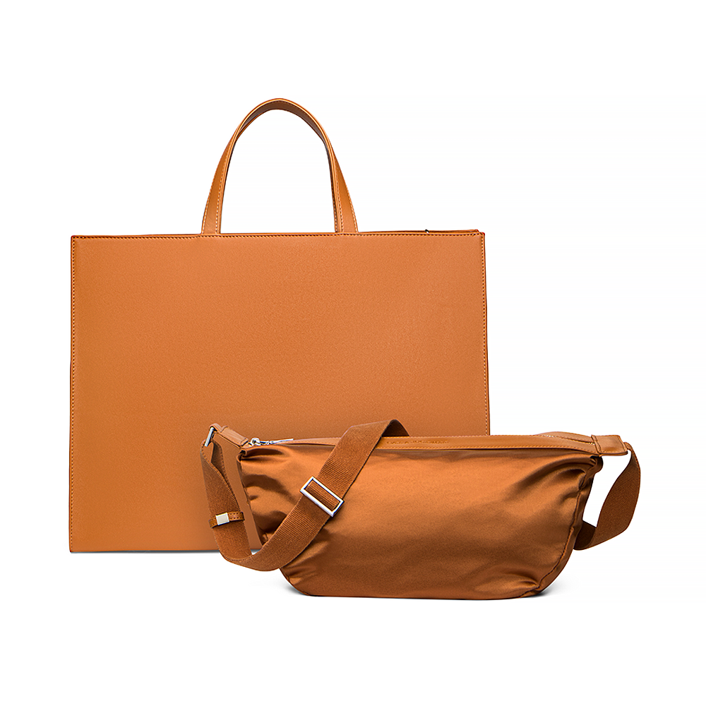 2-in-1 Tote Bag in Caramel with the detachable Mini Sling Bag on a white background.