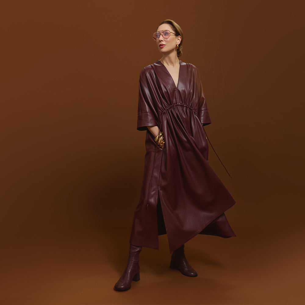 Carla modeling the Everywhere Everyday Shirt Dress in Merlot.