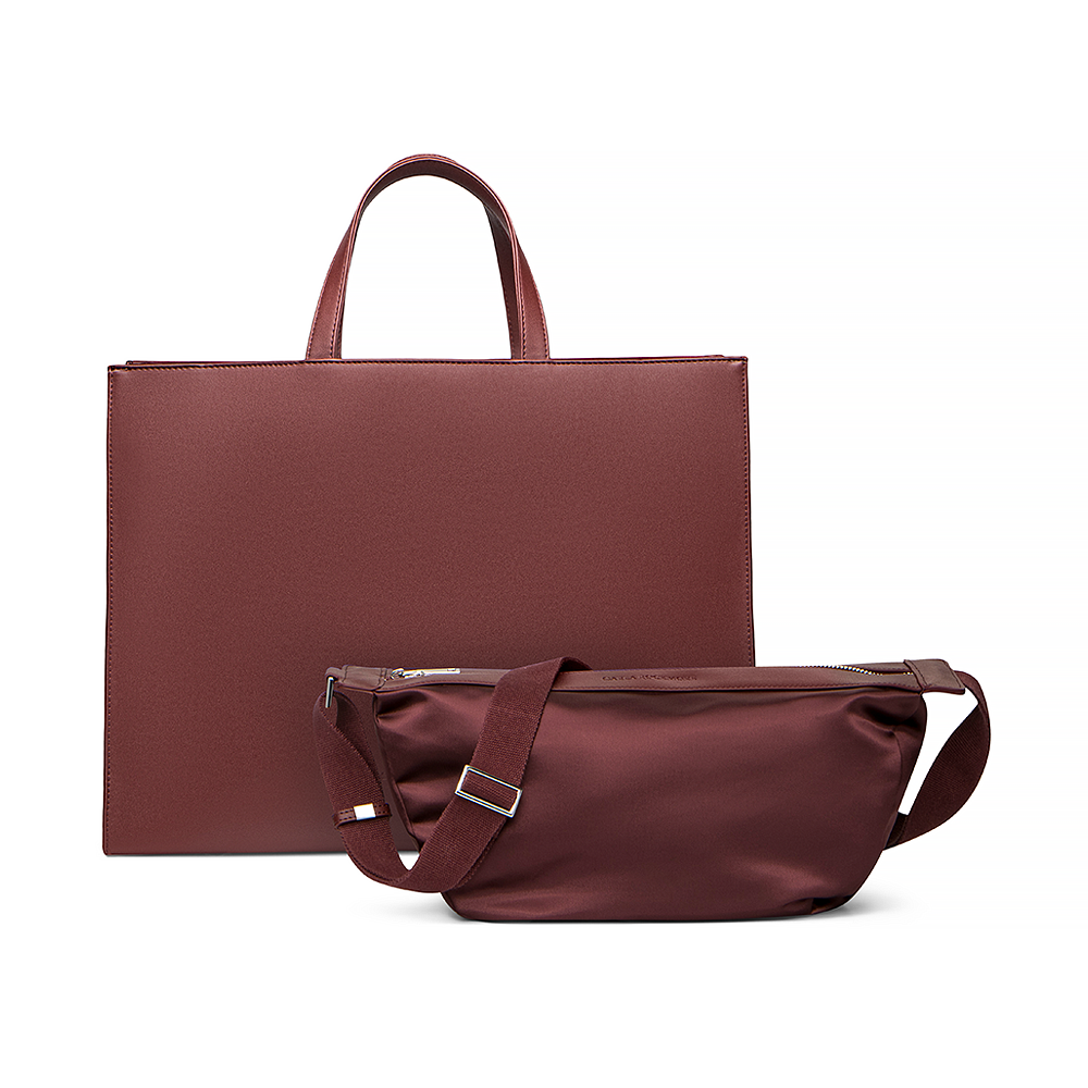 2-in-1 Tote Bag in Cherry Cola and detachable Mini Sling Bag on a white background.