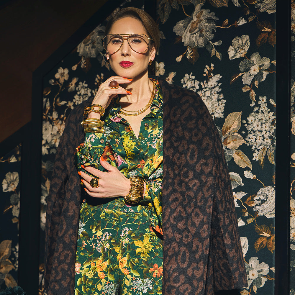 Indispensable Car Coat Wool Blend in Leopard Jacquard on a lifestyle background. 