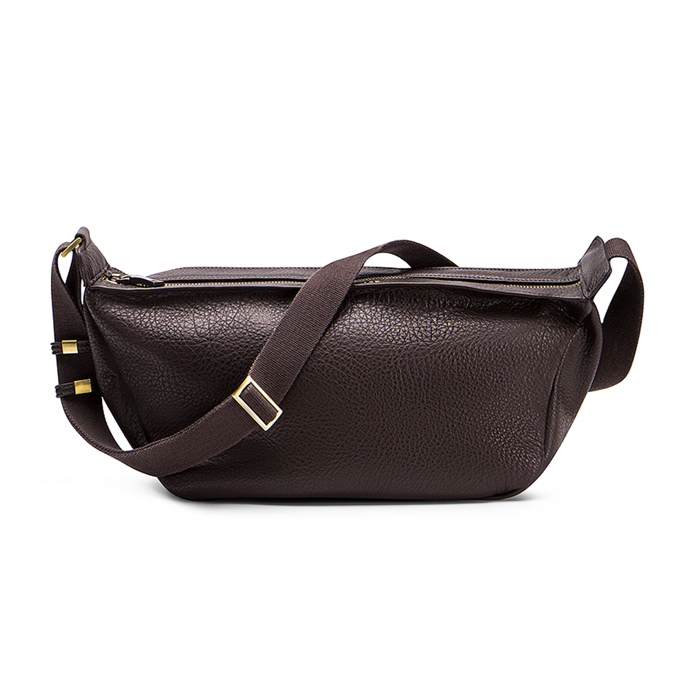 Mini Sling Bag in Chocolate  with a strap on a white background.