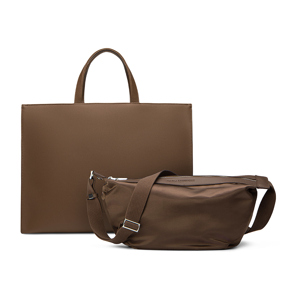 Walnut tote bag with a matching removable mini sling bag in nylon.